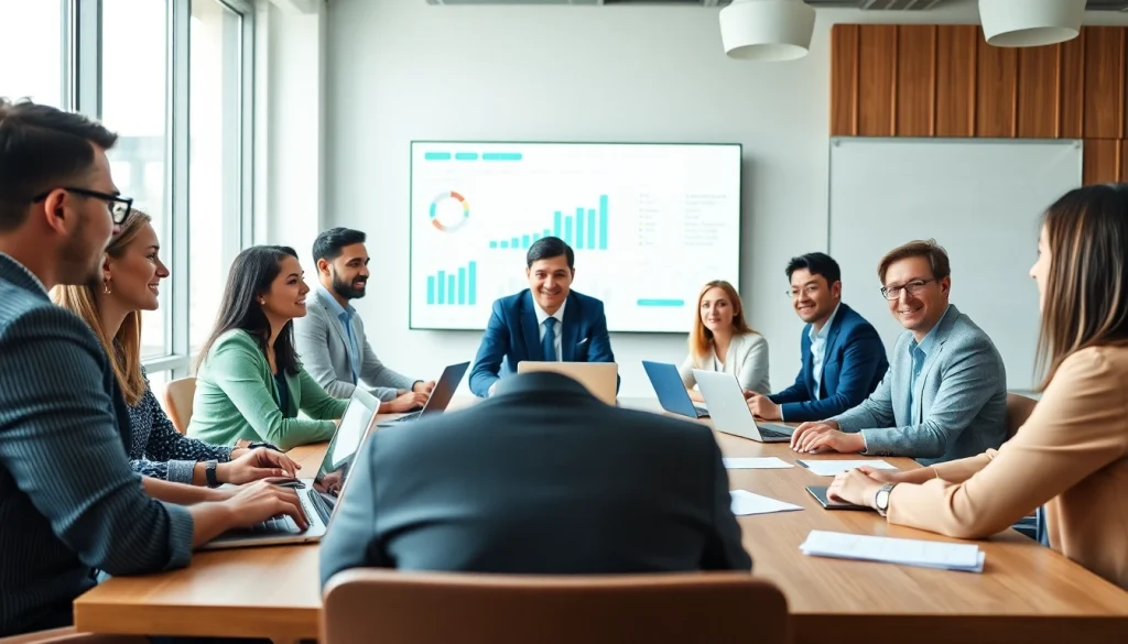 Business team engaging in collaborative discussions in a modern office setting.