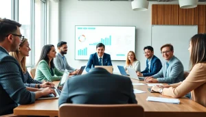 Business team engaging in collaborative discussions in a modern office setting.