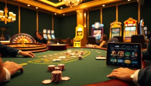 Players engaging at a luxurious GG88 casino table filled with chips and cards.