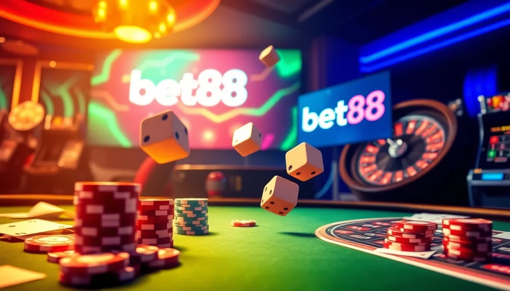 Experience the thrill of betting with vibrant gaming elements showcasing bet88's premium casino offerings.