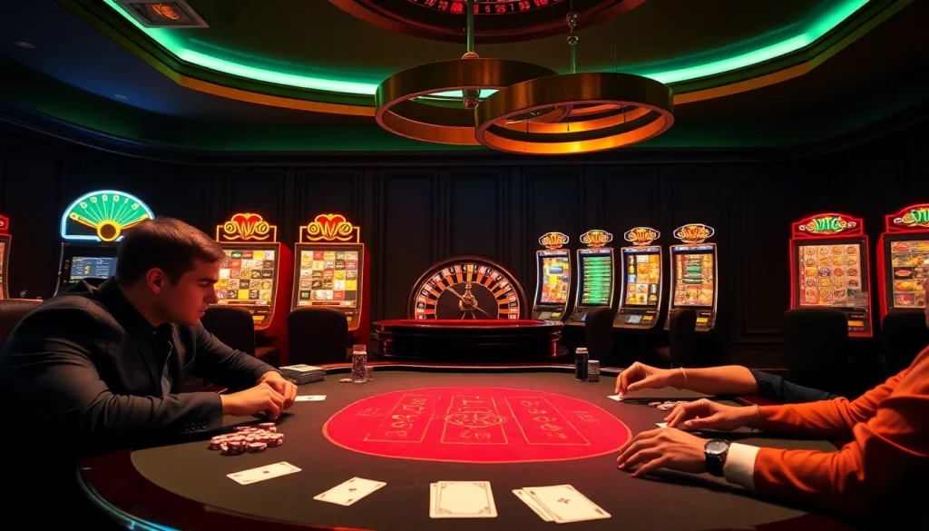 Betting excitement at PG66 with poker tables and roulette in a luxurious casino setting.