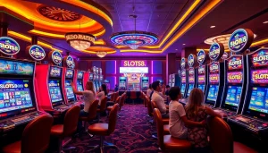 Players enjoying vibrant SLOTS8 slot machines in a luxurious casino setting.