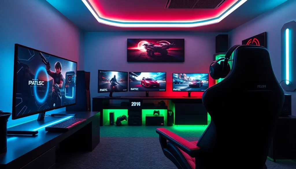 Modern gaming services showcased in a high-tech gaming setup with advanced consoles and monitors.