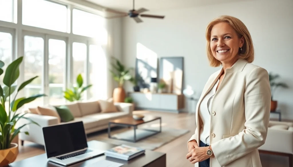 Showcasing a real estate agent in a stylish home, highlighting professionalism and inviting atmosphere.