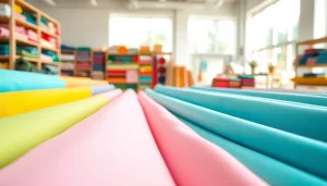 Koop goedkope katoen in diverse kleuren, mooi gestapeld in een textielwinkel.