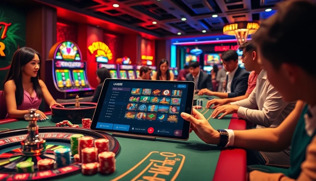 Intense gaming action at uu88, showcasing modern casino tables and vibrant slot machines.