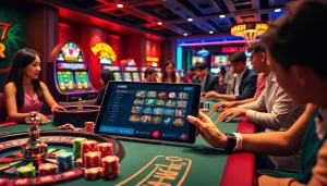 Intense gaming action at uu88, showcasing modern casino tables and vibrant slot machines.