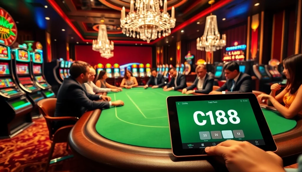 Experience the excitement of gambling at C168 with a vibrant casino scene featuring poker, slots, and roulette.