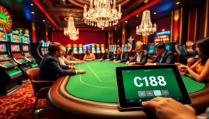 Experience the excitement of gambling at C168 with a vibrant casino scene featuring poker, slots, and roulette.