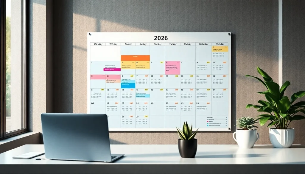 2026 calendar on a stylish office wall promoting productivity and organization