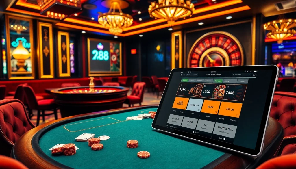 rr88 đăng nhập interface displayed on a tablet amidst an exciting casino scene with poker and roulette action.