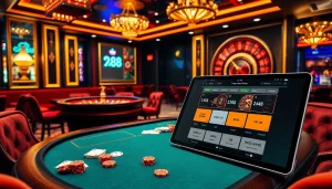 rr88 đăng nhập interface displayed on a tablet amidst an exciting casino scene with poker and roulette action.