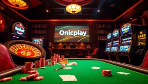 Engage in thrilling online gambling at Onicplay with exciting slot machines, poker tables, and vibrant betting slips.