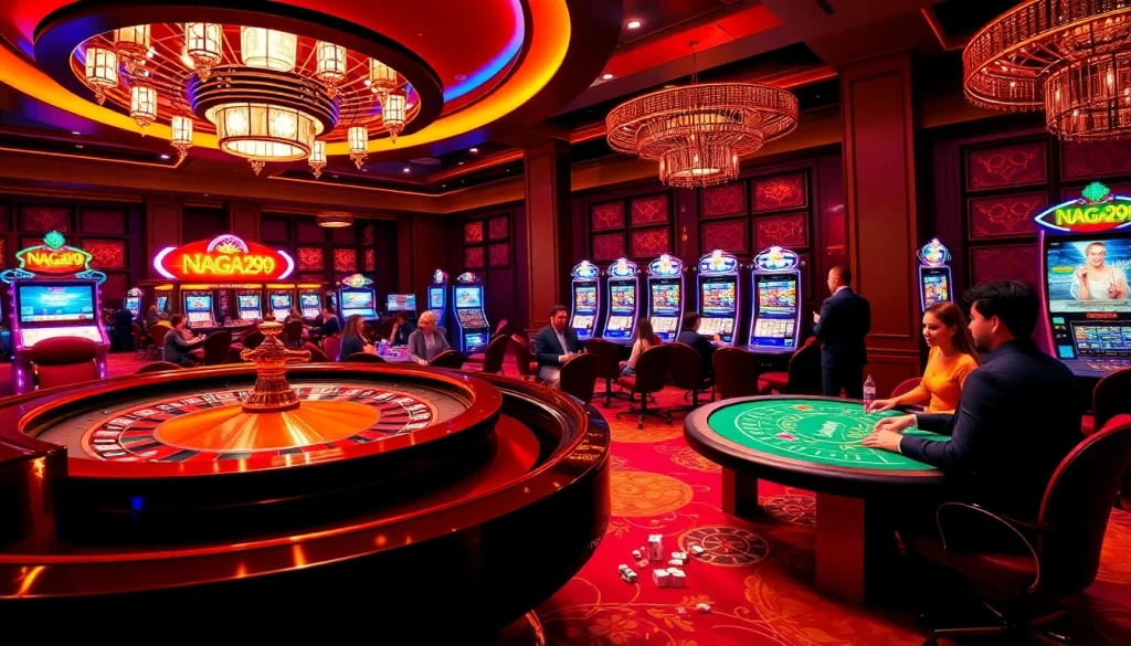 Naga99 casino scene featuring a vibrant roulette wheel and excited players.