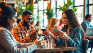 Young professionals engaging with Instapro app in a modern coffee shop
