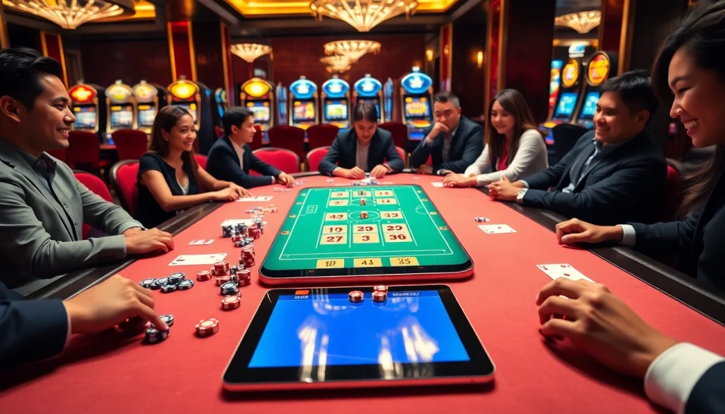 Playing רמיקוב אונליין in a lively, elegant casino setting with excited players at the table.