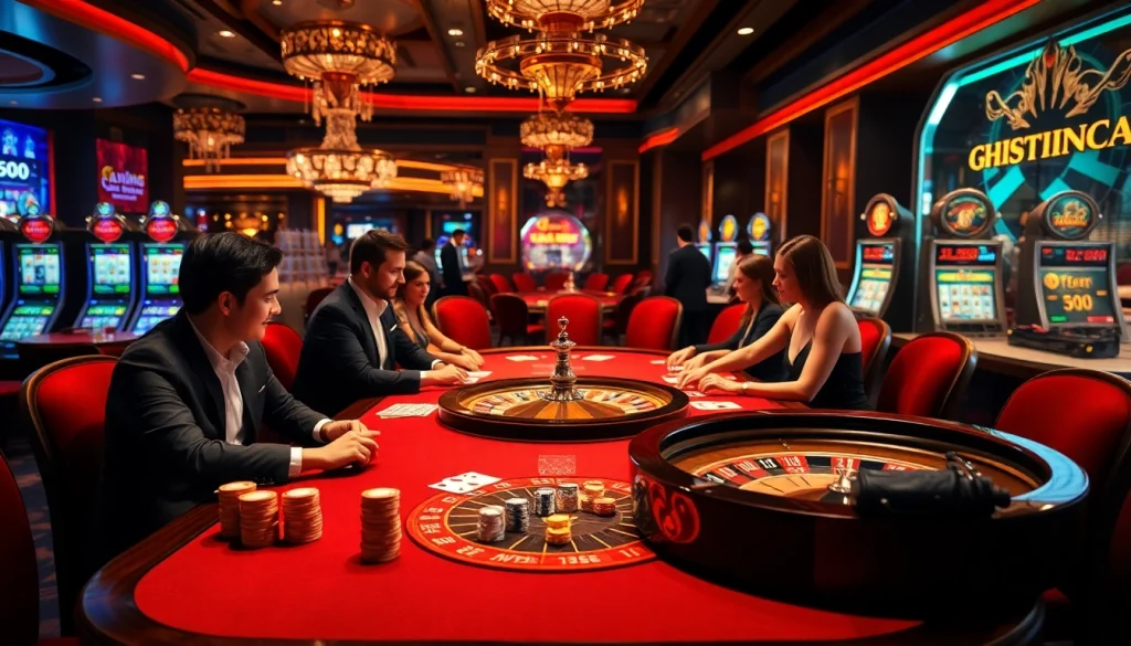 Players enjoying thrilling poker at a luxurious casino table, surrounded by high-quality chips and cards, inspired by https://asisco.ae.org/.