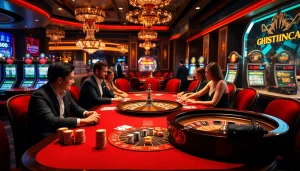 Players enjoying thrilling poker at a luxurious casino table, surrounded by high-quality chips and cards, inspired by https://asisco.ae.org/.
