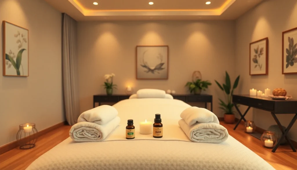 따뜻한 조명과 차분한 분위기의 출장마사지 서비스가 제공되는 편안한 마사지 치료 공간.