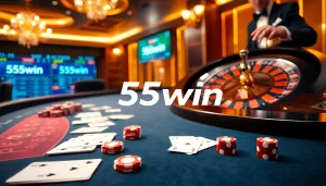 Join the excitement at 555win with a thrilling casino scene featuring roulette and blackjack tables.