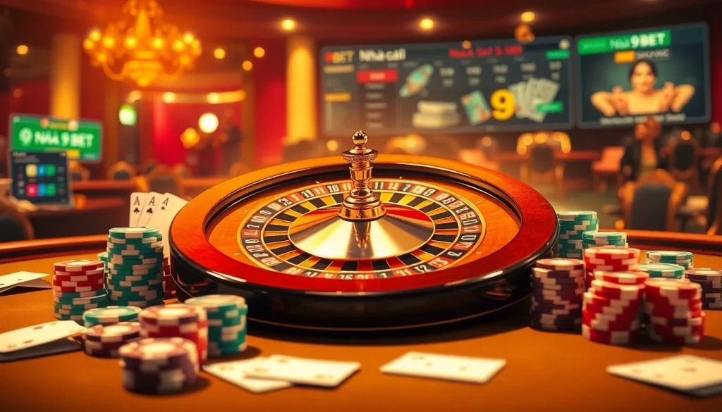 Engaging casino scene showcasing Nhà cái 9BET's exhilarating betting experience with roulette and poker elements.