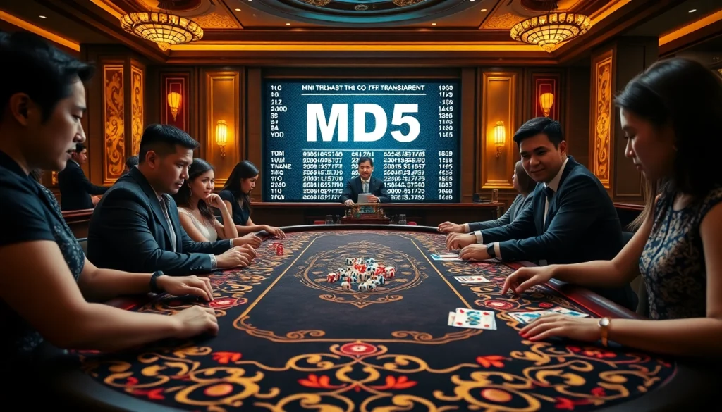 Tài Xỉu MD5 game showcasing dice roll, vibrant casino atmosphere, and transparent betting.