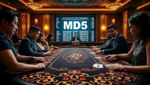 Tài Xỉu MD5 game showcasing dice roll, vibrant casino atmosphere, and transparent betting.