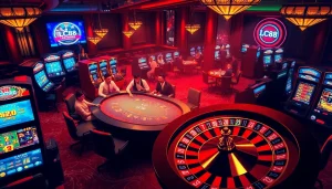 Exciting casino moment with LC88 branding featuring roulette and poker elements.