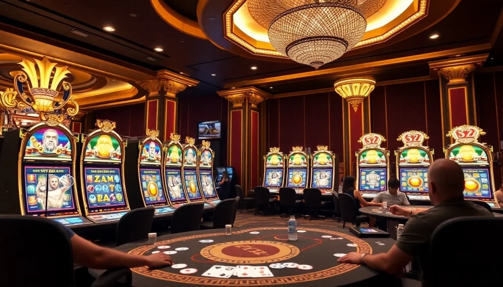 Players enjoying slot zeus in a vibrant casino atmosphere with Greek mythology elements.