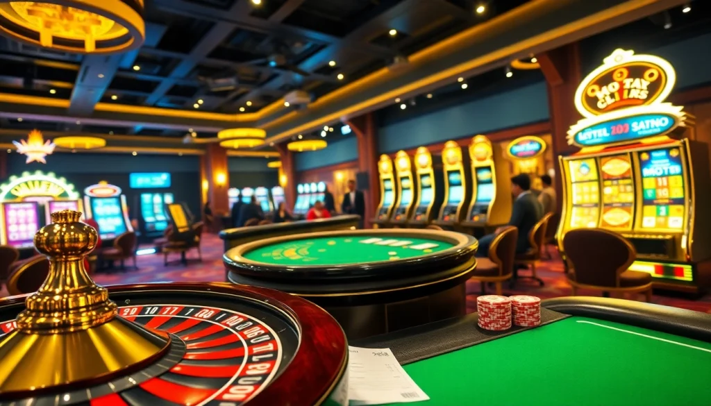 UU88 casino atmosphere featuring poker tables, roulette wheels, and slot machines.