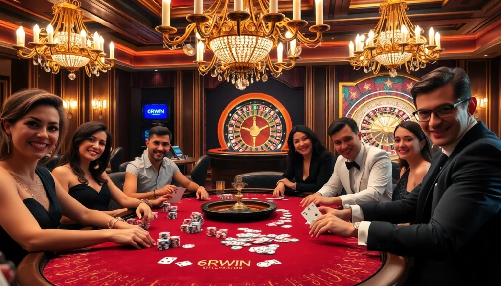6RWIN players strategizing at a luxurious poker table with vibrant chips and cards.