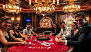 6RWIN players strategizing at a luxurious poker table with vibrant chips and cards.