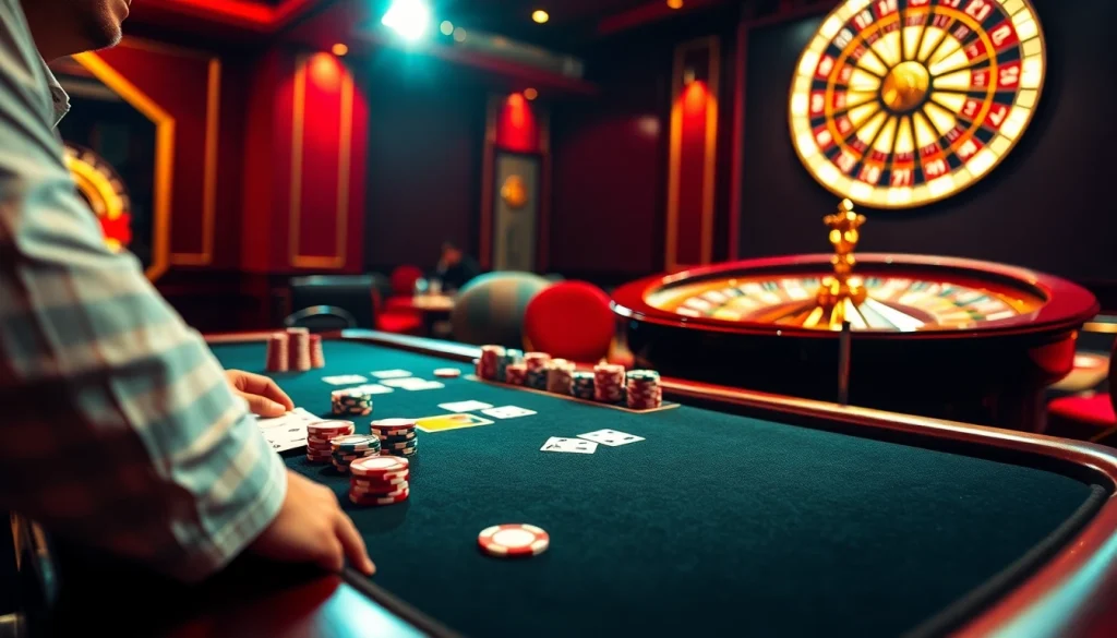 Betting excitement at XX88 with poker chips and cards on a vibrant casino table.