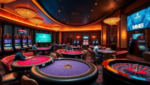 Exciting scene of MM88 casino with players enjoying poker at tables and vibrant slot machines.