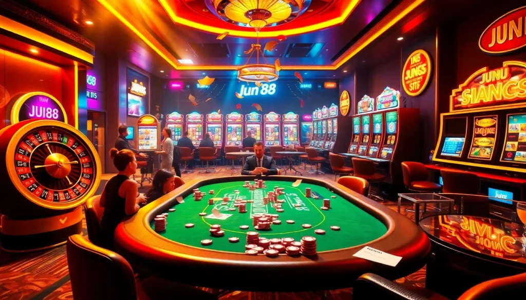 Engaging casino experience at jun 88 with players at tables and vibrant gaming elements.