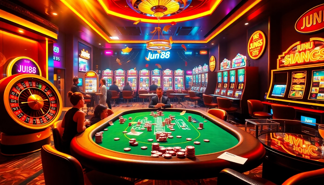 Engaging casino experience at jun 88 with players at tables and vibrant gaming elements.