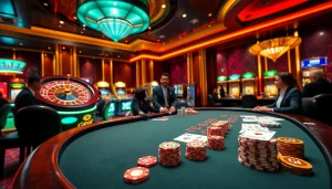 Playing GK88 poker chips on a luxurious casino table surrounded by exciting gaming elements.