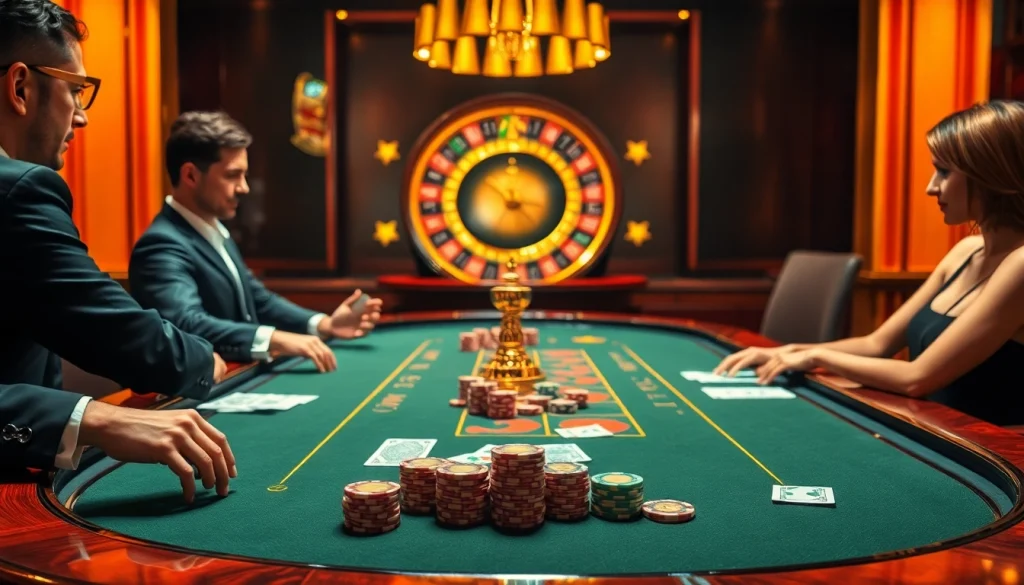 Players enjoying a thrilling poker game at a luxurious casino, emphasizing 789b's elite gambling atmosphere.
