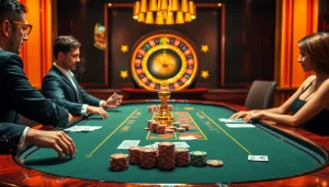 Players enjoying a thrilling poker game at a luxurious casino, emphasizing 789b's elite gambling atmosphere.
