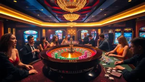 Players enjoying a thrilling game of roulette and poker at the 7upbet casino.