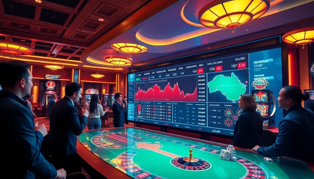 Excited bettors placing แทงบอล bets in a luxurious casino atmosphere with sports betting interfaces.