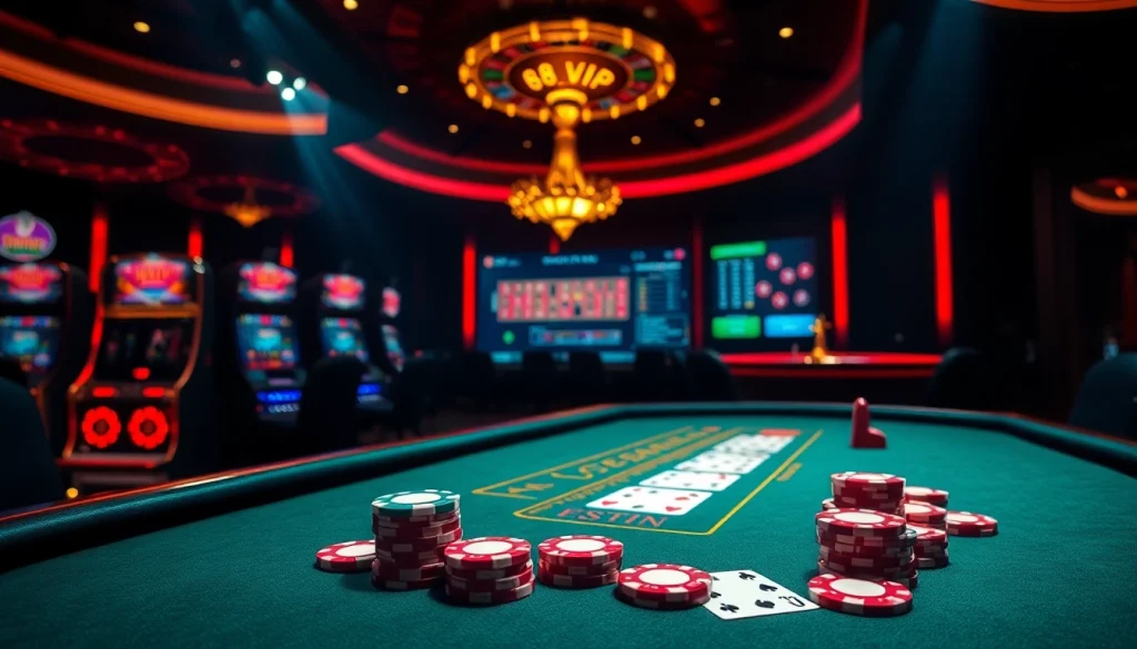 Engage in thrilling gameplay at 68VIP casino with vibrant chips and cards on a luxurious table.