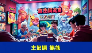 活気あふれるオンラインオリパの場面。鮮やかなトレーディングカードのディスプレイと熱心なプレイヤー。