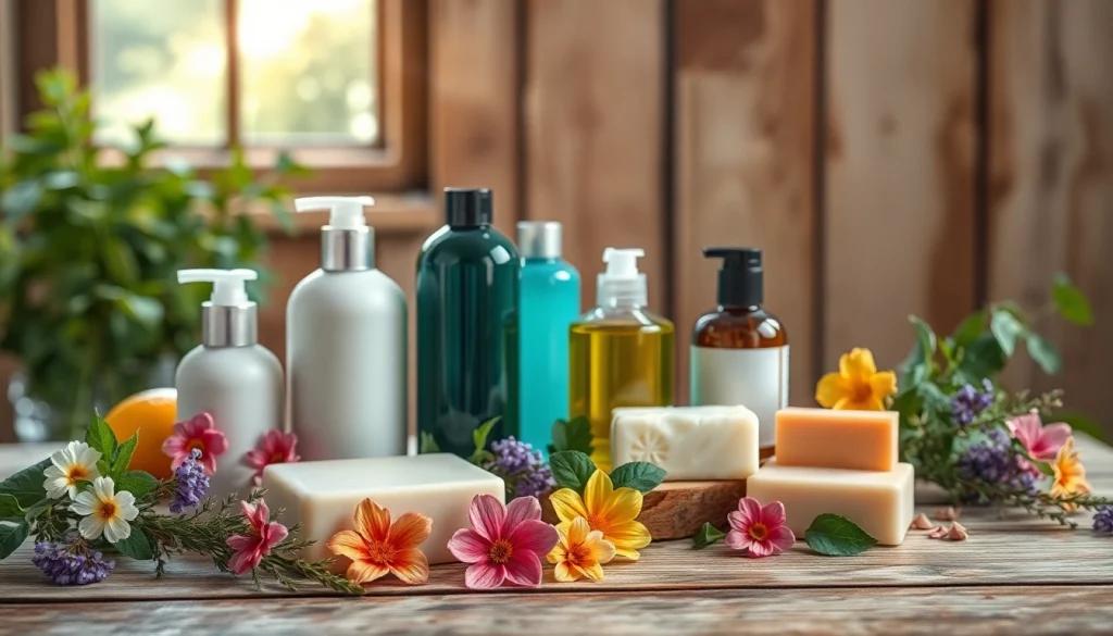 Ekologiska kosmetika produktai, pavaizduoti natūralioje aplinkoje su gėlėmis ir žolelėmis.