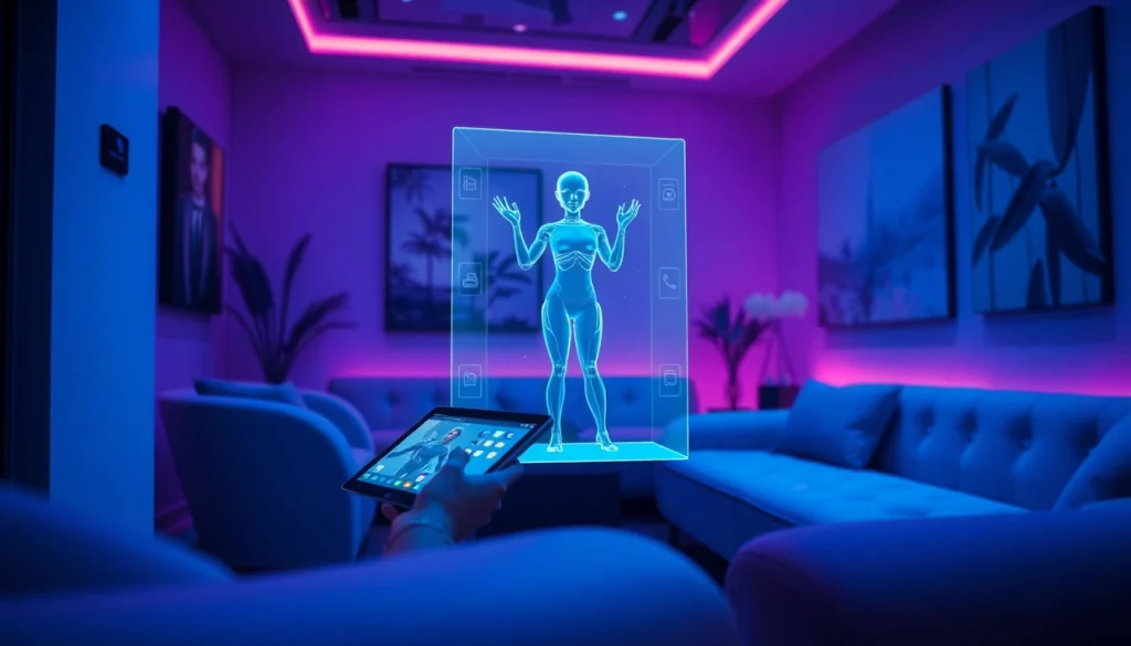 NSFW AI avatar interacting in a futuristic digital lounge setting.
