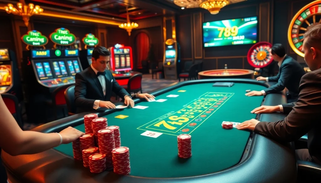 Exciting game scene at a casino featuring 789 P blackjack tables and vibrant slot machines.