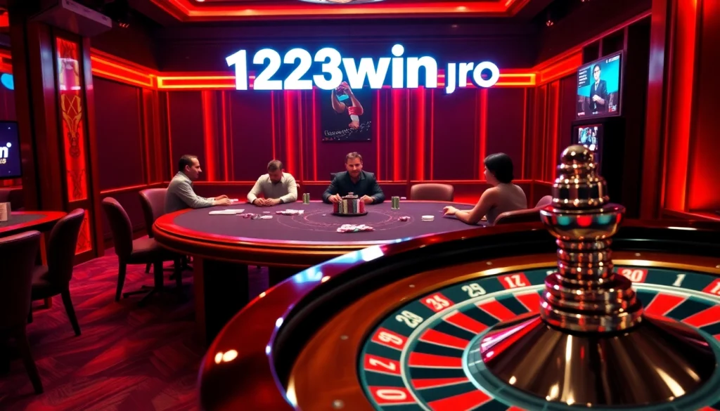 Exciting casino scene showcasing 123win pro with poker chips, roulette wheel, and players immersed in gaming.
