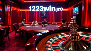 Exciting casino scene showcasing 123win pro with poker chips, roulette wheel, and players immersed in gaming.
