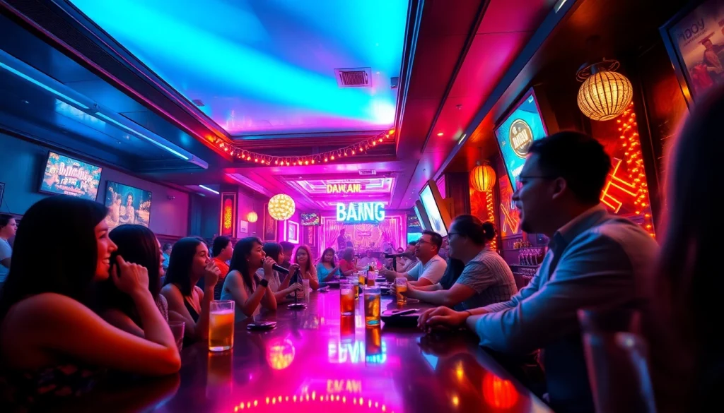 네온 조명이 비치는 바에서 노래하고 춤추는 다낭 가라오케의 활기찬 밤문화 현장.
