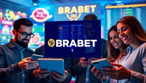 Engaging scene showcasing users exploring BRABET's online betting platform with vibrant graphics.